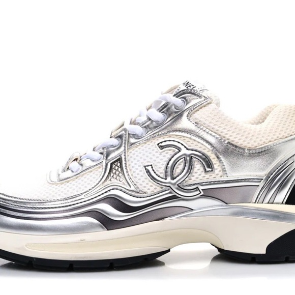 Fabric Laminated Calfskin Stretch CC Womens Sneakers 40 White Silver trainers